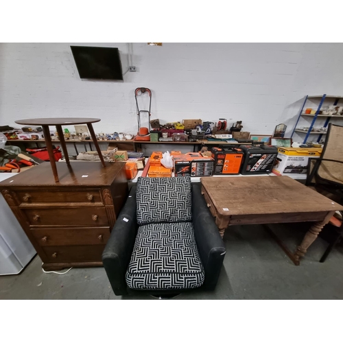 334 - Oak chest of drawers, side table, black fabric armchair etc