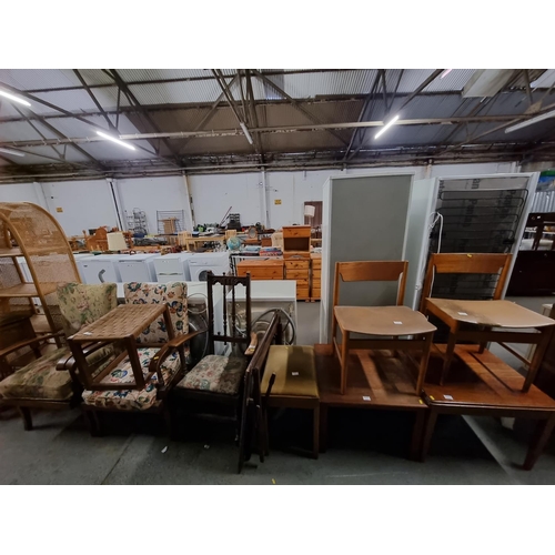 349 - 2 teak chairs, teak stool, teak coffee table, 2 upholstered arm chairs and an oak carver etc