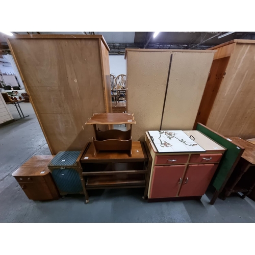 351 - Painted kitchen cabinet, hostess trolley, wicker box and a bedside cabinet etc