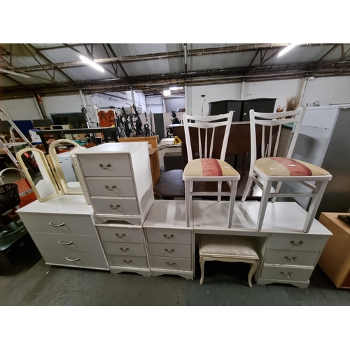 354 - White dressing table, 3 white chest of drawers, 2 white chairs and a 3 drawer chest of drawers etc