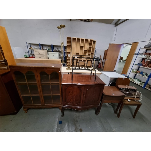 362 - A walnut glass fronted bookcase, dining chair, sewing box, mahogany cabinet, etc