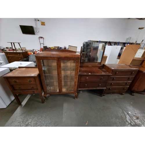 364 - Two chests of drawers, a dressing table with mirror and a glass fronted bookcase