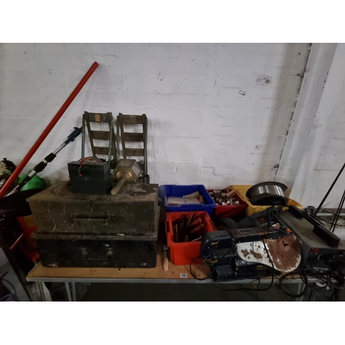 456 - Two car ramps, tool boxes, enamel paints, brass carriages, etc