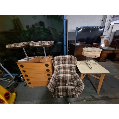 471 - A teak chest of drawers, and upholstered armchair, stools, etc