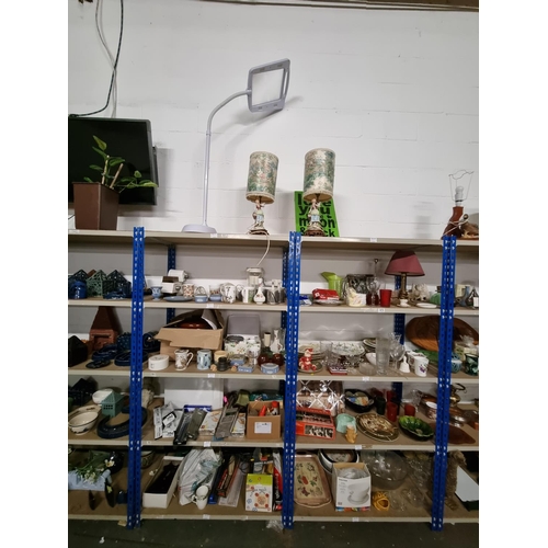 475 - Ten shelves of mixed items including lamps, china, etc