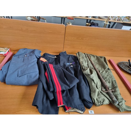 64 - An RAF Sergeants jacket together with a military dress uniform and a tank overall/uniform