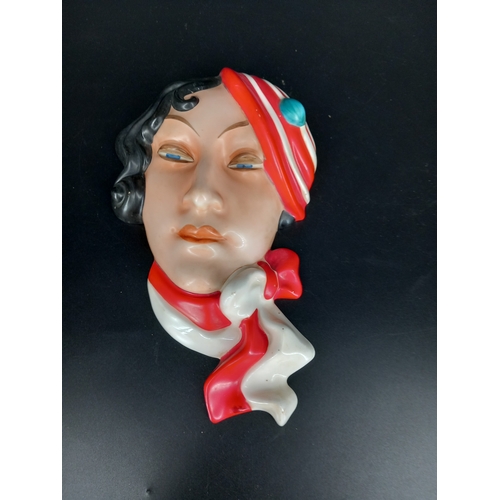 206 - A 1930's believed to be Royal Dux art deco pottery mask -  Lady with a beret and scarf - printed Cze... 