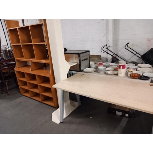 418 - A teak wall unit, white wall hanging shelf and an office table