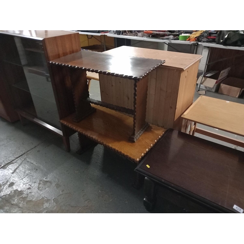 428 - An oak coffee table and 2 oak side tables and a teak glass front display cabinet