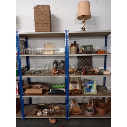 463 - 10 shelves of mixed items to include glassware, wicker baskets, railway model buildings etc