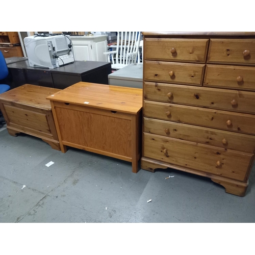 357 - A pine chest of drawers and 2 pine storage boxes