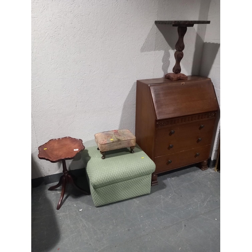 472 - Oak bureau, 2 oak side tables, a pouffe and a stool