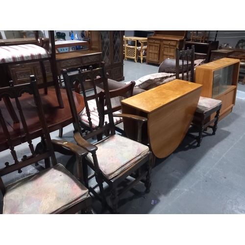 478 - 3 oak carver chairs, teak drop leaf table, teak display cabinet etc