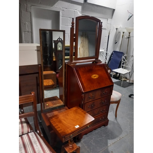 481 - A mahogany  bureau, mahogany side table, mahogany chair, etc