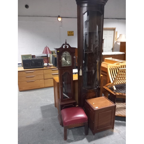 483 - A tempus fugit granddaughter clock, oak corner cabinet with bowed glass front, oak stool etc