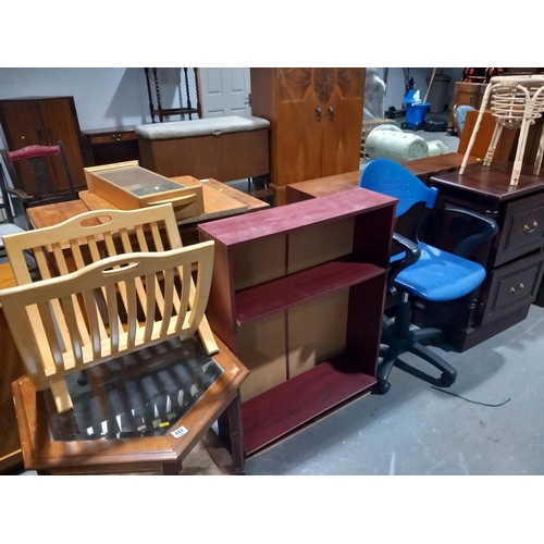 484 - An oak glass top coffee table, bookcase, computer chair, oak cabinet etc