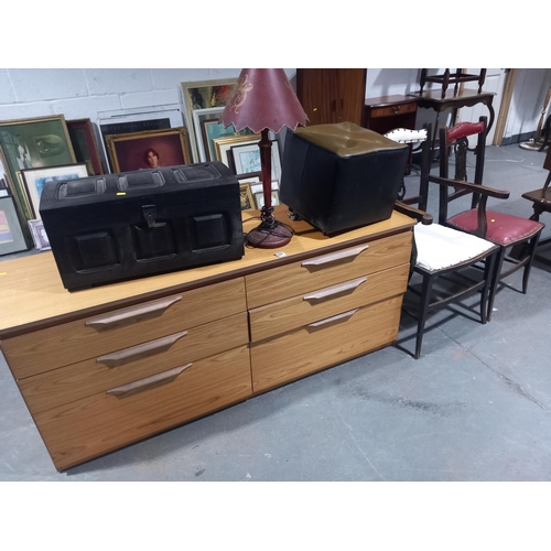 489 - Pine effect sideboard, 2 oak chairs and a foot stool etc