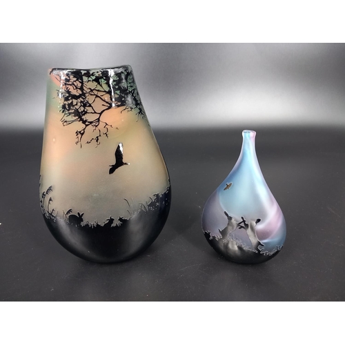 203 - Two contemporary cameo glass vases by Ed Burke for E M glass - both with boxing hares design - the s... 