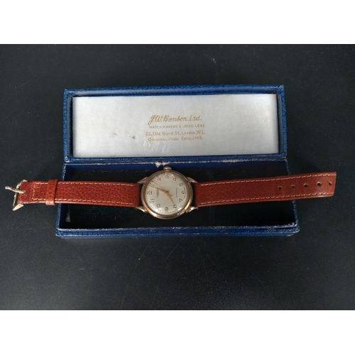 205 - A 9k gold J W Benson gents wristwatch with leather strap (appears to be working) with original box