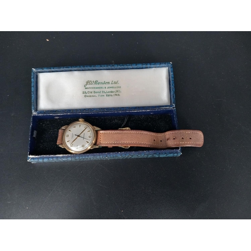 206 - A 9k gold J W Benson automatic wrist watch with leather strap (appears to be working) with original ... 