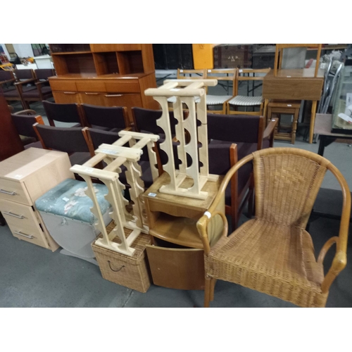 377 - Pine effect bedside cabinet, wicker chair, 3 wine racks and wicker box etc