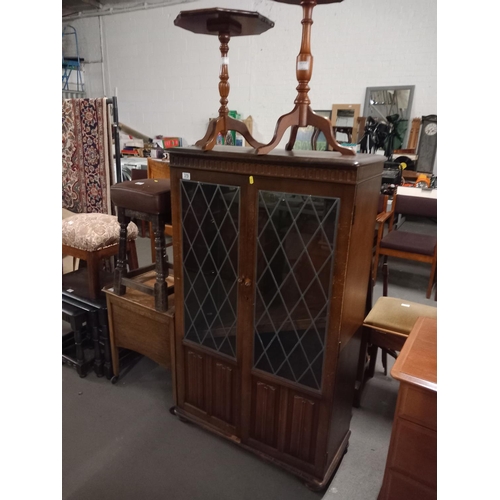 379 - Oak display cabinet, 2 oak stools, nest of tables, 2 side tables etc