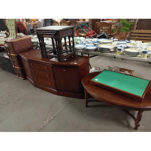 383 - A mahogany sideboard, folding card table, nursing chair and a wooden trunk etc