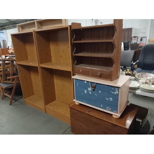 384 - 2 pine bookcases, pine storage box, 2 CD racks etc