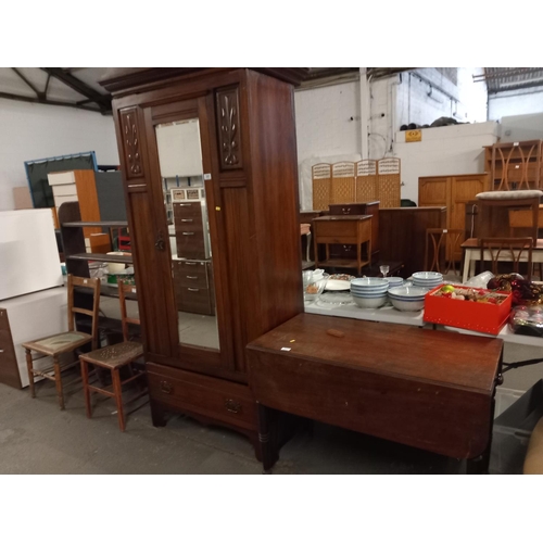 395 - A mahagony wardrobe, mahogany Pembroke table, oak bookcase and 2 chairs