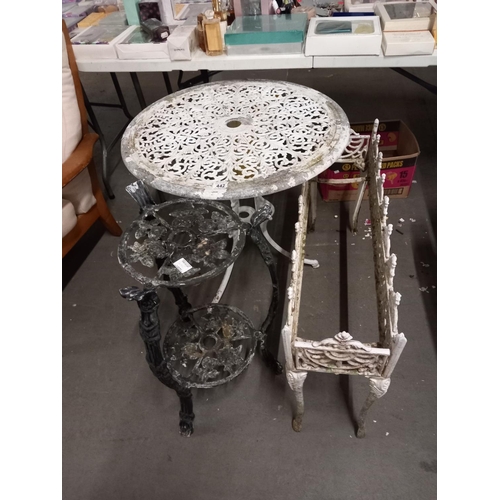 442 - Metal garden table and two metal plant stands