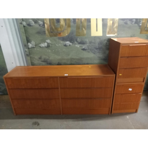 458 - A teak set of drawers and two teak bedside drawers