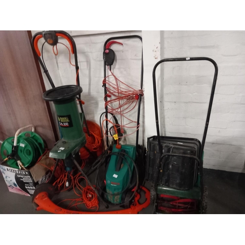 463 - Garden items including Bosch lawn mower, black and Decker wood chipper, fly most trimmer, Primo lawn... 