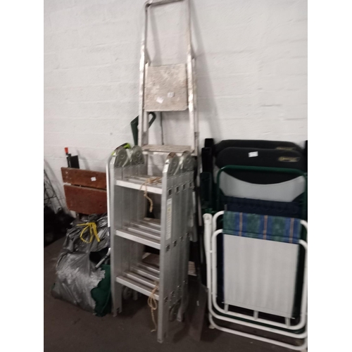 465 - Four garden chairs and, step ladder, ladder, Workmate etc