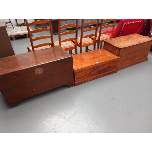 125 - Two oak carpenters boxes and a camphor wood chest