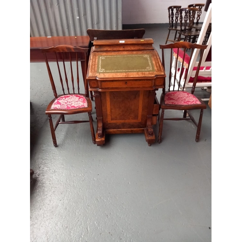 127 - An inlaid leather insert mahogany davenport and two hall chairs