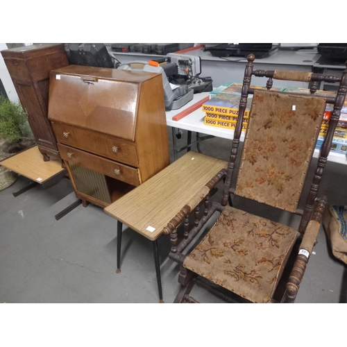 551 - An oak bureau, retro coffee table, oak rocking chair etc