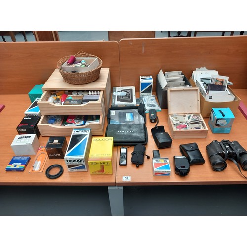 53 - Vintage items to include binoculars, postcards, vivitar, tamron camera lenses etc