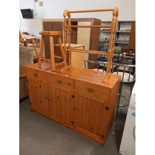 369 - A pine sideboard, stool and clothes rail