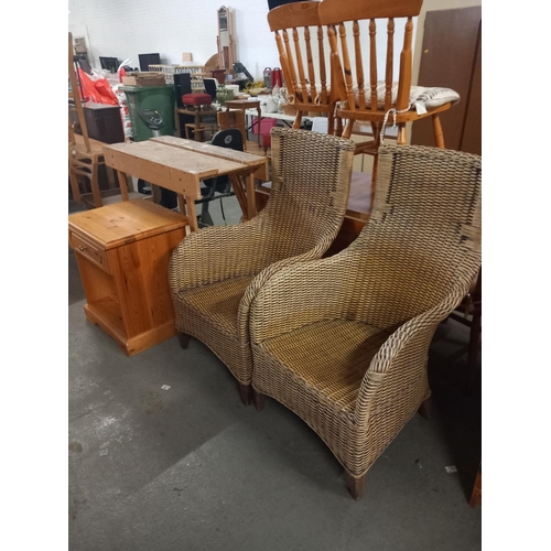 370 - Two wicker chairs, pine bedside cabinet and a work bench