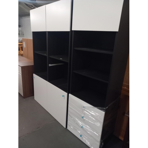 377 - A double black and white bookcase and single matching bookcase with 4 drawers