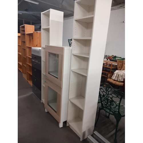 380 - 2 white bookcases, display cabinet and a 6 draw chest of drawers