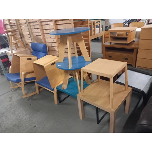 387 - 2 pine sidetables, 2 pine effect side tables, rocking chair, 3 draw cabinet etc