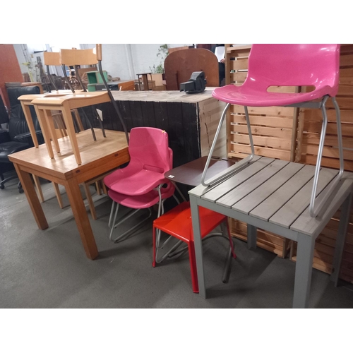 388 - Dining table and four chairs, 3 pink stacking chairs and a garden table etc