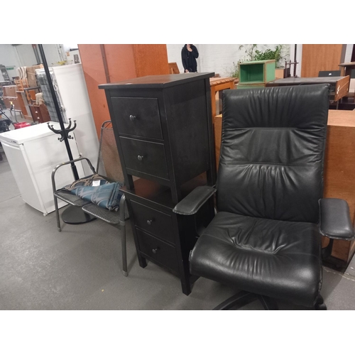 389 - 2 black bedside cabinets, 2 seater garden bench, black coat rack and an office chair