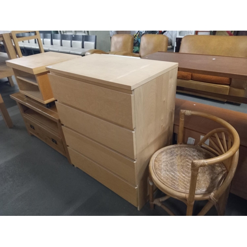 421 - A chest of drawers, corner chair and two media cabinets