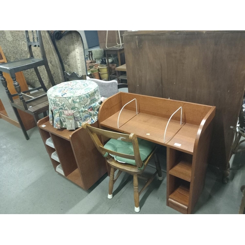 428 - A small desk, chair, pouffe, butlers tray etc