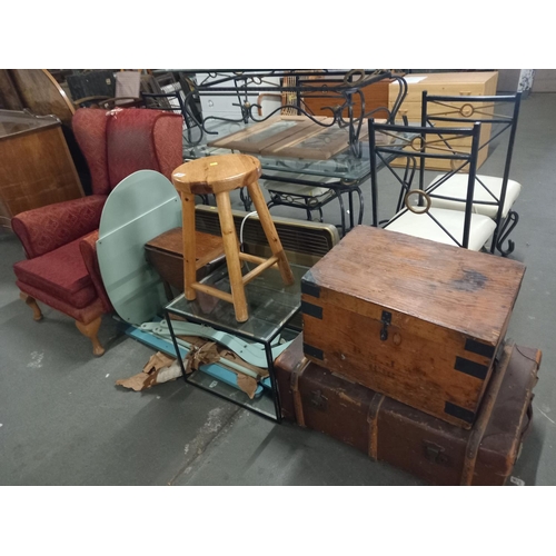 430 - A wingback armchair, coffee table, carpenters box etc