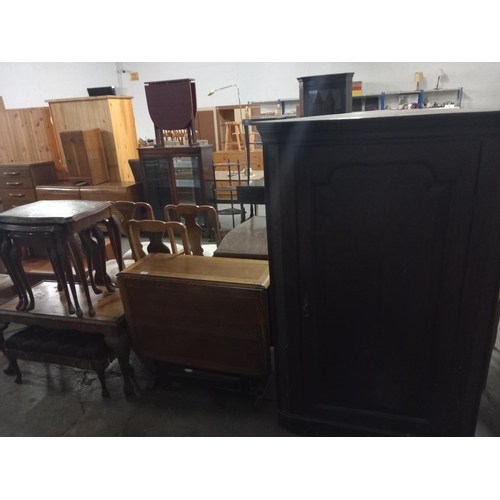 435 - A corner cabinet, drop leaf dining table, nest of tables etc