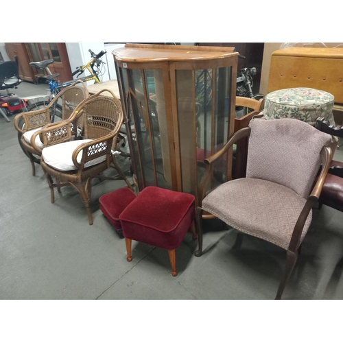 440 - Two wicker chairs, display cabinet, stools etc