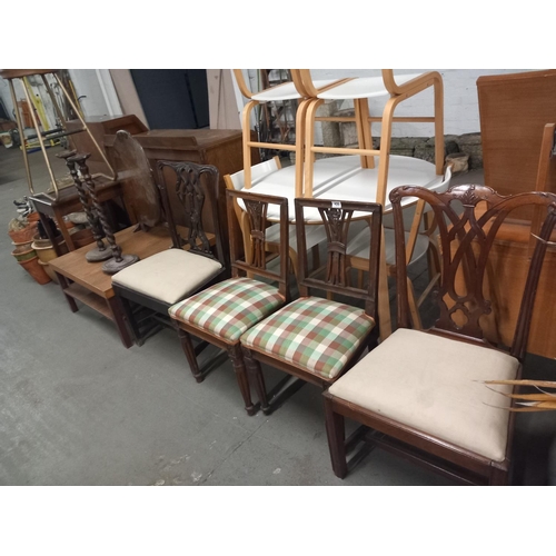 456 - An oak coffee table, butlers tray with stand and two pairs of dining chairs